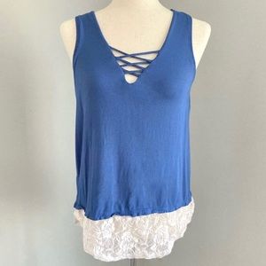 Lollipop Star Blue Strappy Tank Top with Lace Hem